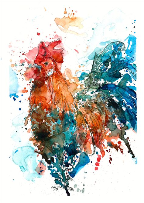 Chicken Paintings, Rooster Tattoo, Watercolour And Pen, Owl Watercolor, Chicken Painting, Rooster Art, Chicken Art, Pen And Watercolor, Animals Artwork