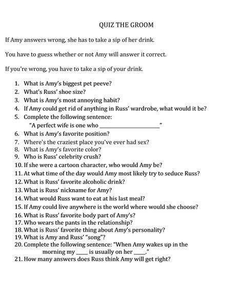 Quiz the Groom questions. Before the bachelorette part, we asked the groom all of these questions then the bride had to guess what he answered. She got 10 right! #quizthegroom #bachelorettepartygames Guess The Grooms Answers, Quiz The Groom Bachelorette Games, What Did The Groom Say About The Bride, Bachelorette Party Quiz For Bride, Bachelorette Ask The Groom Questions, Bachelorette Quiz The Groom, Groom Answers Questions About Bride, Questions For Fiance Bachelorette Party, Groom Trivia Questions Bachelorette