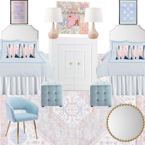 Light pink and blue dorm room. Art work from Etsy Pink And Blue Dorm Room Aesthetic, Pink And Blue Dorm Room Ideas, Pink And Blue Dorm Room, Pink And Blue Dorm, Light Pink Dorm Room, Pink And Blue Room, Blue Dorm Room, Blue Dorm, Pink Dorm Rooms