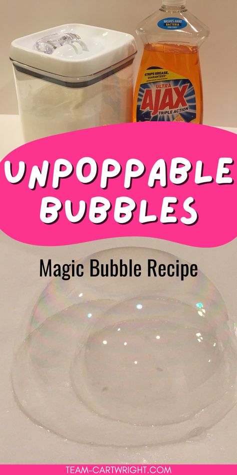 Text: Unpoppable bubbles Magic Bubble Recipe
Top Picture: Cannister of sugar and bottle of orange dish soap
Bottom Picture: bubble blown inside another bubble No Pop Bubbles Recipe, Glycerin Bubble Recipe, Magic Unpoppable Bubbles, Super Bubbles Recipe Homemade, Diy At Home Games For Kids, Bubble Solution Recipe Diy, Stream Activities For Kindergarten, Magic Bubbles Recipe, Fun Pre K Crafts