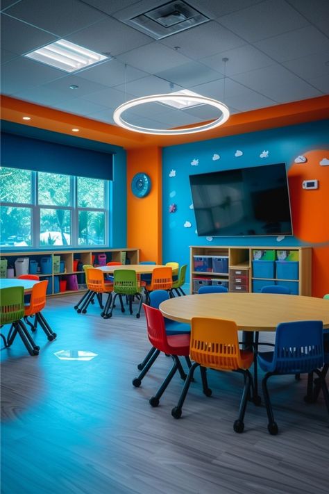 Kids Ministry Design, School Signage, Indoor Playground Design, Elementary Classroom Themes, Kindergarten Interior, Classroom Arrangement, Classroom Interior, Daycare Decor, School Building Design