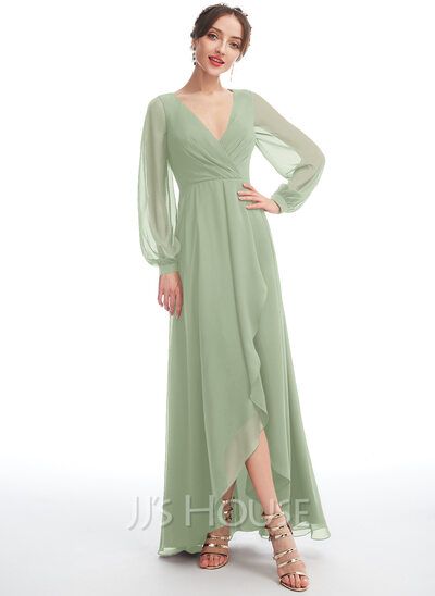 A-Line V-neck Asymmetrical Bridesmaid Dress With Ruffle (007254672) - JJ's House Asymmetrical Bridesmaid Dress, High Low Bridesmaid Dresses, Jjs House, Bridesmaid Dresses With Sleeves, Chiffon Cocktail Dress, A Line Evening Dress, Banquet Dresses, Bridesmaid Dress Sizes, Ever Pretty