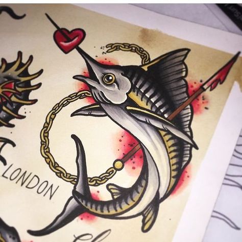 Swordfish Marlin Tattoo Traditional piece Traditional Tattoo Old School, Sea Tattoo, Tattoo Old School, Theme Tattoo, Trendy Tattoo, Traditional Tattoo Design, Mermaid Tattoo, Traditional Tattoo Art, Old Tattoos