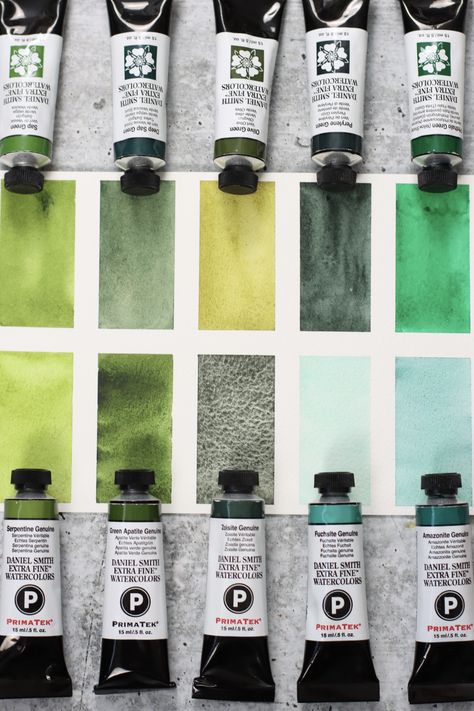 Daniel Smith Green Watercolors Daniel Smith Watercolor Palette, Handmade Watercolor Paint, Watercolour Swatches, Zorn Palette, Watercolor Swatches, Daniel Smith Watercolor, Watercolor Workshop, Watercolor Mixing, Watercolor Paint Set