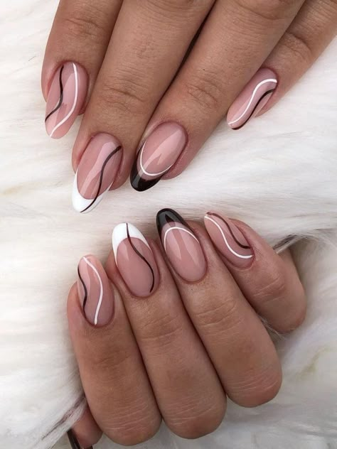 black and white french tip nails with swirls Paznokcie Hello Kitty, Black And White Nail Designs, Black Acrylic Nails, Nagel Tips, Smink Inspiration, White Acrylic Nails, Casual Nails, White Nail Designs, White Nail