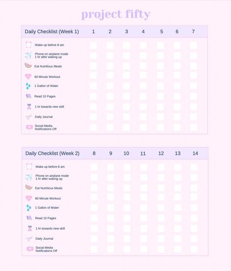 Track your progress on the Project 50 Challenge with this cute and aesthetic daily planner. Includes a habit tracker, mood tracker, and space to write down your goals and Project 50 Challenge Tracker, Project 50 Challenge, Cute Checklist, 50 Challenge, Project 50, Challenge Tracker, Planner Tracker, Daily Checklist, Unique Calendar