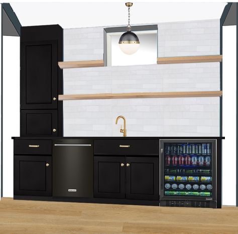 Black Basement Kitchenette, Modern Bar Basement, Moody Basement Bar Ideas, Organic Modern Basement, Linear Fireplace Wall, Modern Basement Bathroom, Black Basement Bar, Black And White Basement, Modern Basement Bar Ideas