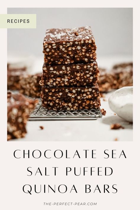 Chocolate sea salt puffed quinoa bars are the ideal combination of sweet and salty: rich dark chocolate, crispy quinoa, sweet honey, and a hint of sea salt. They're easy to whip up whenever you want a healthier treat! #chocolateseasalt #puffedquinoa #puffedquinoabars #healthysnacks #easysnacks #chocolaterecipes Puffed Quinoa Bars Healthy, Puffed Quinoa Crispy Treats, Puffed Quinoa Chocolate, Dark Chocolate Quinoa Crisps, Puffed Quinoa Bars, Quinoa Puffs Recipes, Quinoa Chocolate Crisps, Quinoa Bars, Healthy Chocolate Desserts