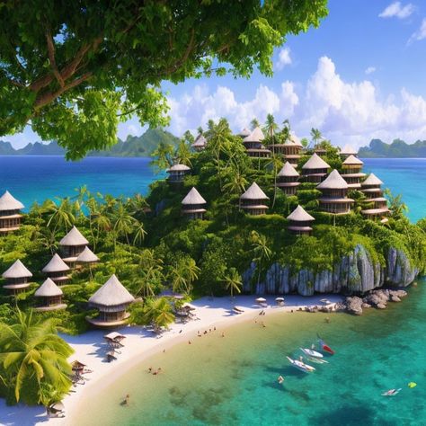 Thatched-Roof Bungalows Overlooking Sandy Beach | Deep Dream Generator Tropical Beach Resorts, Island Blue, Tropical Resort, Base Image, Thatched Roof, Blue Island, Hawaii Island, Tropical Island, Kayaks