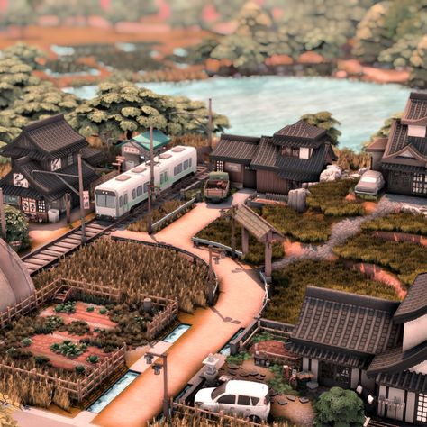 Sims 4 Retirement Village, Sims 4 Train Station, Sims 4 Town Ideas, Sims 4 Village Lot, Sims 4 Roofing, Sims 4 Town, Japanese Apartment Building, Sims 4 Japanese House, Sims Apartment