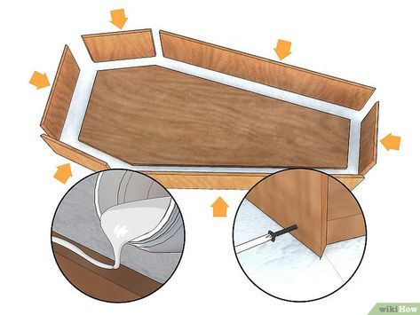 Comment faire un cercueil: 9 étapes - wikiHow Coffin Cooler, Coffin Furniture, Coffin Bookcase, Coffin Bookshelf, Wood Coffin, Deco Cinema, Wood Casket, Halloween Props Diy, Halloween Coffin