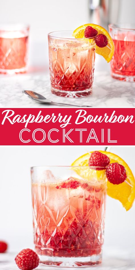 A simple & tasty bourbon raspberry cocktail: muddled raspberries, brown sugar and lemon juice. Then topped with a splash of bourbon, orange juice and club soda. #bourboncocktail #bourbon #raspberry Bourbon Valentines Cocktail, Raspberry Bourbon Cocktail, Spring Bourbon Cocktails, Raspberry Cocktail Recipes, Summer Bourbon Cocktails, Gluten Free Alcoholic Drinks, Cocktail Specials, Valentines Cocktails, Mobile Bartender