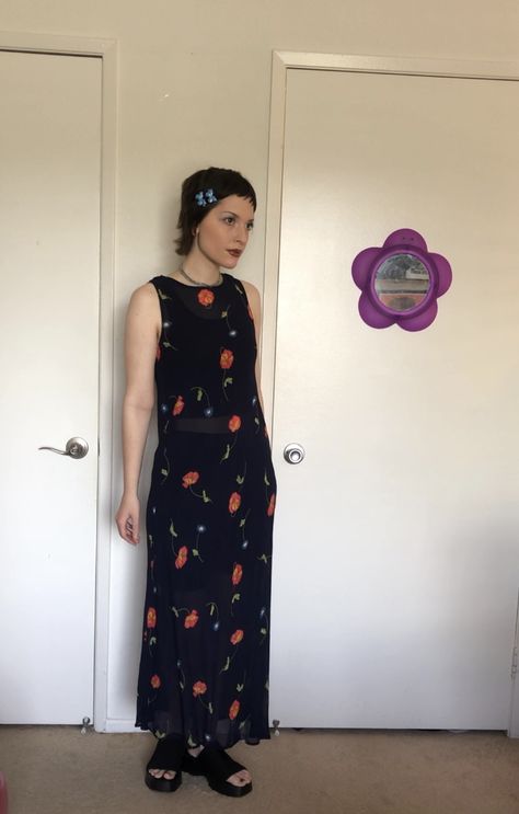 outfit styling, maxi dresses, maxi dress outfit, floral dress outfit, platform sandal outfit, thrifted fashion, thrifted outfits, 90s aesthetic 90s Flower Dress, 90s Dress Outfit, Styling Maxi Dresses, Platform Sandal Outfit, Floral Dress Outfit, Thrifted Fashion, 90s Outfits, Floral Dress Outfits, Outfits 90s