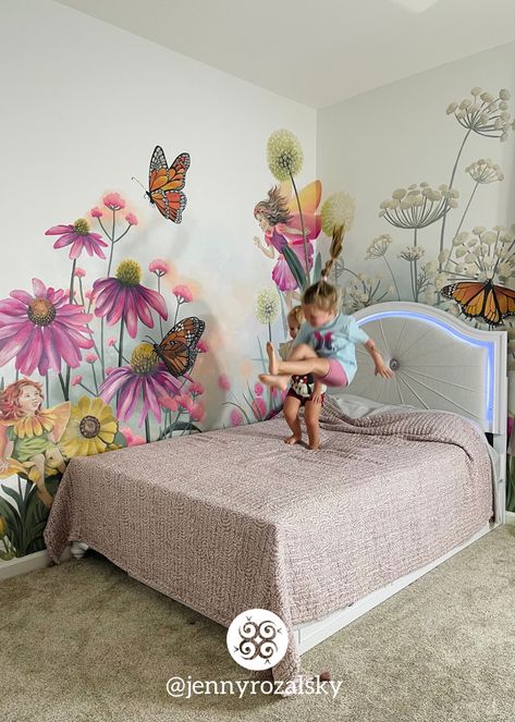 Pink Echinacea Flower Fairy Monarch Butterfly Custom Mural Hand-painted Murals For Girls Bedroom, Mural Ideas Flowers, Amazing Murals, Fairy Mural Ideas, Mural Butterfly, Butterfly Mural Wall Bedroom, Butterfly Mural Painting, Girls Mural Bedroom, Bedroom Murals Painted