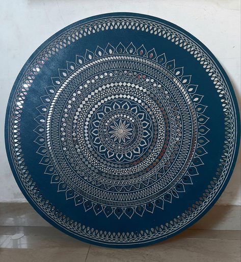 Madhubani With Lippan Art, Mirror Work Mandala Art, Lippan Wall Hanging, Mirror Mandala Wall Art, Mirror Work Mandala, Blue Lippan Art, Dot Mandala With Mirror Work, Mandala Art On Mdf Board, Mandala Art With Mirror Work