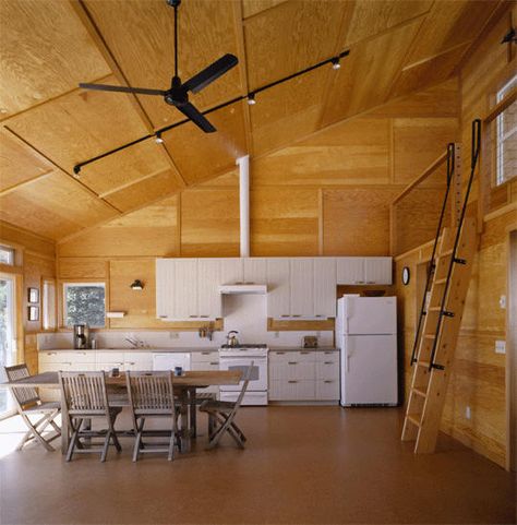 Hood Canal Cabin- stained plywood paneling Ikea Farmhouse Sink, Plywood Wall Paneling, Plywood Ceiling, Ikea Farmhouse, One Wall Kitchen, Types Of Ceilings, Plywood Interior, Plywood Walls, Ikea Living Room