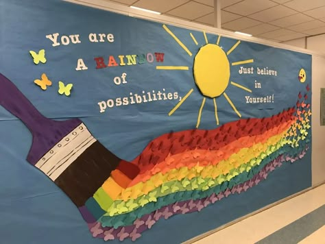 Rainbow Hallway Decoration School, We Are A Rainbow Of Possibilities, Rainbow Display Classroom, Rainbow Of Possibilities Bulletin Board, School Welcome Bulletin Boards, School Hallway Decorations, Rainbow Display, Pta Membership, Rainbow Of Possibilities