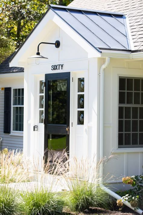 Enclosed Portico Entry Cape Cod, Adding Enclosed Front Entry, Portico Entry Cape Cod, Attached Mudroom Exterior, Foyer Addition Exterior, Cape Cod Portico Front Entry, Cape Cod House Metal Roof, Front Portico Ideas Entryway, Entryway Bump Out Entrance