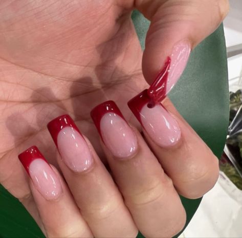 red french tip acrylic nails. #frenchtipnails #red #acrylic Red Tip Square Acrylic Nails, Red Shirt French Tip, Square Acrylic Nails Red French Tips, Red Gel French Tip, French Nails With Red Design, Red French Nails Coffin, Acrylic Nails Red Square, Red Pink French Tip Nails, Ted French Tips