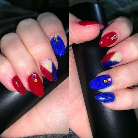 Filipino Inspired Nails, Red Filipino Tattoo, Filipino Nail Designs, Filipino Nails, Philippines Nails, Philippine Inspired Tattoo, Philippine Flag Logo Design, Filipino Flag, Flag Nails