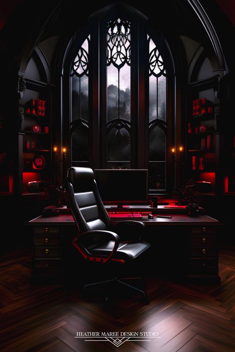 Gothic red and black inspired home office 🖤 Black And Red Bedroom Aesthetic, Vampire Office, Gothic Home Office, Maximalist Home Office, Gothic Office Decor, Moody Maximalist, Gothic Office, Goth Office, Vampire House