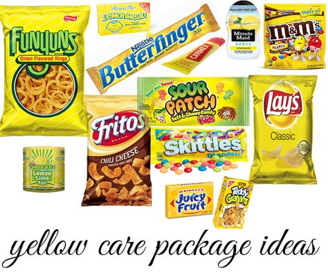 Care Package - yellow theme  (forgot Gushers) Yellow Packaged Snacks, Color Theme Party Snacks Yellow, Yellow Color Basket Party, Yellow Snacks Party, Yellow Food Basket, Yellow Themed Food Ideas, Color Party Basket Ideas Yellow, Yellow Party Snacks, Color Party Yellow Snacks