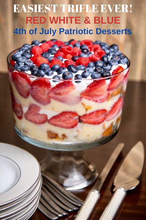 Easiest delicious trifle ever, perfect for patriotic holidays, 4th of July, Memorial Day. Strawberries, blueberries, vanilla pudding, whipped topping make this a true crowd-pleaser. #trifle #redwhiteandblue #partrioticdessert #easydessert #summerdesserts #4thofjuly #july4th #july4th2020 Easy Kids Dessert Recipes, Kids Dessert Recipes, Easy Kid Dessert Recipes, Red White And Blue Trifle, Easy Desserts For Kids, Party Food For Adults, Red Desserts, Party Snacks Easy, Dessert Recipes For Kids