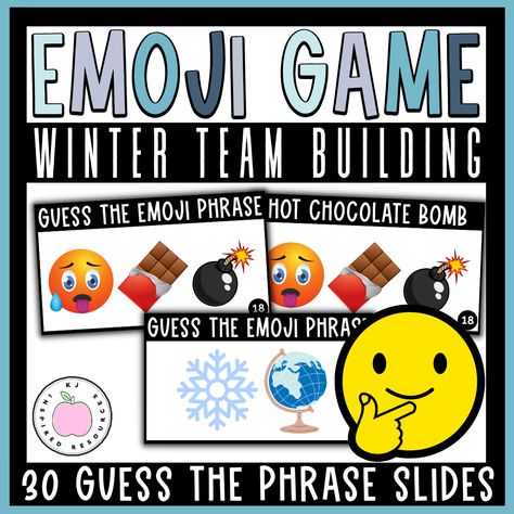 Do your students need a brain break during the winter season? Challenge your students with this engaging team building activity by having them decipher some of the most commonly spoken winter phrases shown in a series of picture characters. Some emojis can be combined without the use of words to create a new word or phrase! For example, a snowflake and a man would translate to a "snowman." Winter Phrases, Guess The Emoji, Community Building Activities, Team Building Activity, Morning Meeting Activities, Meeting Activities, Indoor Recess, Emoji Games, Icebreaker Activities