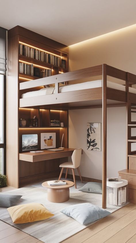 40+ Loft bed bedroom ideas | Designer's curated looks Bedroom Elevated Bed, Office With Loft Bed, Loft Bed Computer Setup, Built In Bed With Desk, Double Loft Beds For Adults, Bean Bag Under Loft Bed, Bunk Bed Desk Ideas, Bunk Bed Desk Underneath, Floating Bed With Desk Under