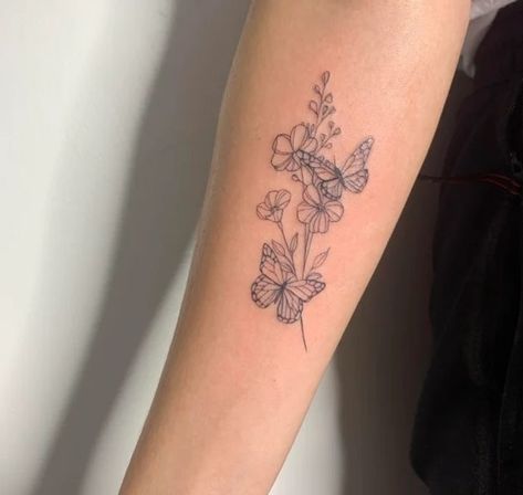 Small Flower Tattoos For Women, Butterfly Wildflower, Butterfly With Flowers Tattoo, Outer Forearm Tattoo, Butterfly Wrist Tattoo, Cowgirl Tattoos, Daffodil Tattoo, Floral Thigh Tattoos, Small Forearm Tattoos