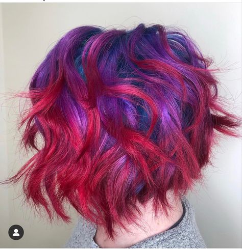 Vivid Color Placement Short Hair, Red And Purple Hair Short, Bright Hair Color Ideas Short, Multi Colored Short Hair, Red And Purple Hair Color, Bright Hair Colors Short, Red Purple Hair Dye, Purple And Red Hair, Red And Purple Hair