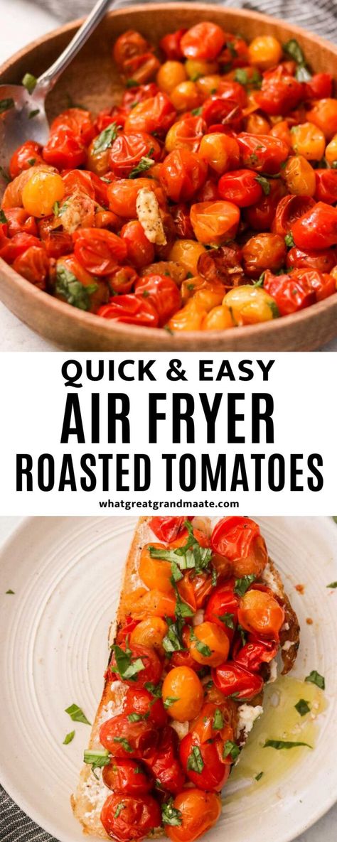 How To Make Roasted Tomatoes, Airloom Tomatoes Recipes, Air Fryer Tomato Sauce, Air Fryer Tomato Recipes, Tomatoes In Air Fryer, Air Fryer Tomato Soup, Air Fried Tomatoes, Air Fry Tomatoes, Tomato Air Fryer Recipes