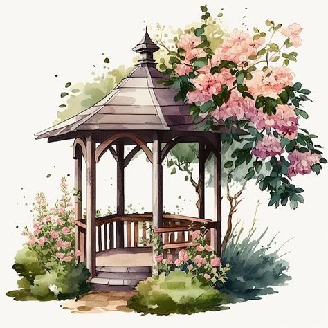 Photo watercolor garden shelter and flow... | Premium Photo #Freepik #photo #terrace #summer-flower #house-exterior #garden-watercolor Summer Garden Illustration, Flower House Drawing, House With Garden Drawing, Garden House Drawing, Garden Flowers Drawing, Watercolor Garden Paintings, Flower Garden Sketch, Garden Drawing Ideas, Garden Illustration Art