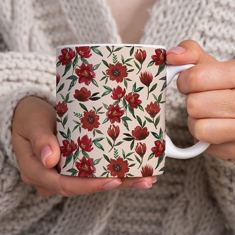 Red Fall Flowers Pattern! Available on my shop! Spring Mugs, Blue Pottery Designs, Pumpkin Pottery, Ceramic Cafe, Orange Mugs, Diy Pottery Painting, Perfect Cup Of Coffee, Spring Watercolor, Diy Mugs