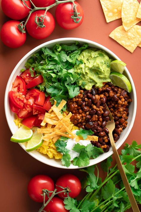 Black Bean and Lentil Burrito Bowls Lentil Burrito, Seasoned Lentils, Lentil Bowl, Roasted Sweet Potato Cubes, Cooking Therapy, Meatless Chili, Cheese Sauce For Broccoli, Vegetarian Bowls, Lentils Vegan