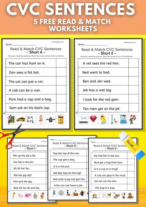 Graphic with all five worksheets on a yellow background, and a photo of the printed worksheets with a glue stick and scissors. Cvc Sentences Worksheets, Cvc Sentences, Decodable Sentences, English Language Activities, First Grade Homework, Sentences Kindergarten, 1st Grade Reading Worksheets, Cvc Words Worksheets, Sentence Activities