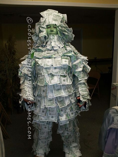 After watching the Geico Money Man commercial I knew what this year's Halloween costume had to be! We started with a long sleeve t-shirt and a pair of old Contest Winning Halloween Costumes, Money Costume, Iron Man Halloween Costume, Iron Man Movie, Halloween 4, Homemade Costumes, Homemade Halloween, Cash Money, Witch Costume