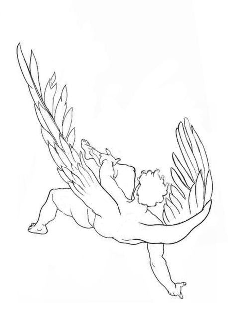 Fallen Angel Tattoo Outline, Fallen Angel Tattoo Simple, Falling Angel Tattoo Stencil, Falling Wings Drawing, Angel Laying Down Tattoo, Greek Line Art Tattoo, Fall Of Icarus Tattoo Simple, Line Art Animal Tattoo, Icarus Line Art