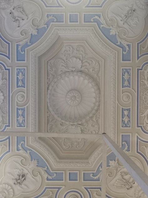 Grotesque and Carnival Motifs in Blue and Flex Shades - Porte Italia Ceiling Fresco, Blue Ceiling, Blue Ceilings, Blue Panels, Mural Design, Hand Painted Furniture, Ceiling Decor, Hand Decorated, Blue Sea