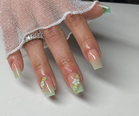 Green Nails Graduation, Green Quinceanera Nails Short, Enchanted Garden Prom Nails, Princess In The Frog Quince Theme, Sage Prom Nails, Sage Green Tapered Square Nails, Sage Green And Pink Nails Acrylic, Emerald Green Quince Nails Medium, Birthday Nails Sage Green