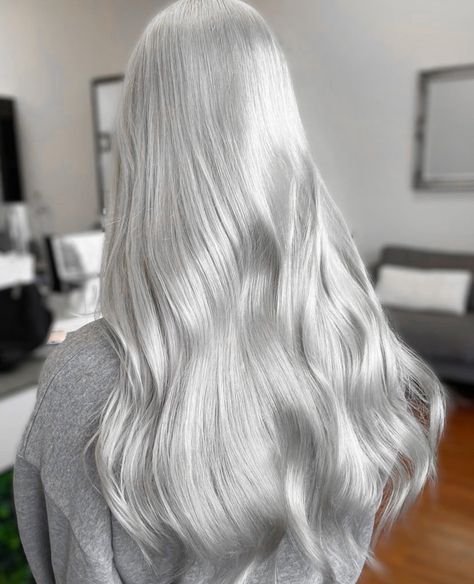 Pale Silver Hair, Long Silver Hair Aesthetic, Ice Gray Hair, Silvery White Hair, Silver Wavy Hair, Dyed Silver Hair, Silver Dyed Hair, Grey Hair Aesthetic, White Gray Hair Color