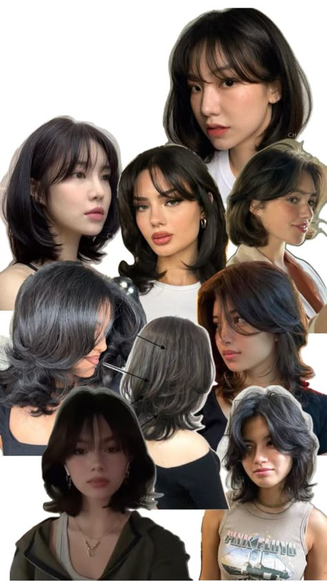 Something with this general shape, color, vibe. Bangs With Layers Short Hair, Cute Little Hairstyles, Wispy Bangs With Layers, Little Hairstyles, Bangs Asian, Hair Collage, Short Layered Curly Hair, Short Hair Bangs, Bangs With Layers