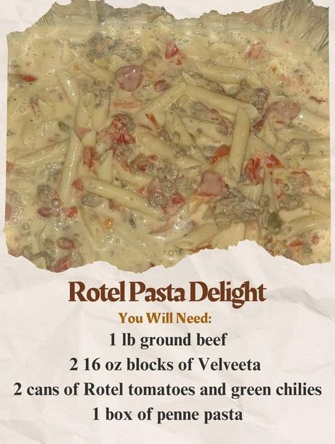 cooking👨‍🍳 recipes | Rotel Pasta Delight | Facebook Rotel Pasta, Pasta Ground Beef, Rotel Recipes, Rotel Tomatoes, One Pan Meals, Penne Pasta, Ground Meat, Green Chilies, Family Dinner