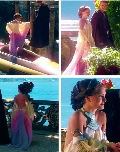 Padme's beautiful dress from "Attack of the Clones" Padme Rainbow Dress, Padme Sunset Lake Dress, Padme Amidala Sunset Dress, Padme Sunset Dress, Padme Amidala Wedding, Anakin X Padme, Magnificent Wardrobe, Slavic Doll, Jedi Costume