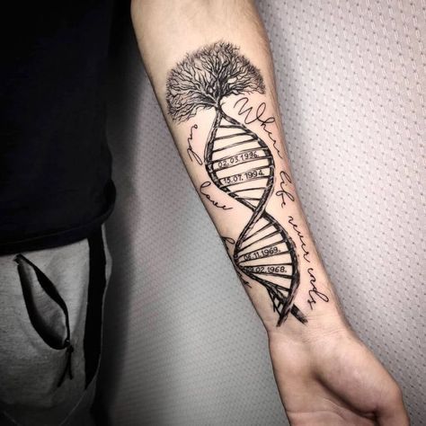 Men Tattoo Ideas For Daughters, Forearm Tattoos Men Family, Family Men Tattoo Ideas, Dna Family Tree Tattoo, Dna Family Tattoo, Men’s Family Tattoo, Dna Tattoo Men, Viking Family Tattoo, Dna Tattoo Family