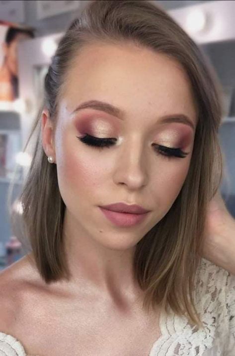 Wedding Make Up Pink Rose Gold, Rose Gold Formal Makeup, Boho Wedding Makeup Green Eyes, Dusty Rose Eye Makeup, Dusty Rose Wedding Makeup, Rose Gold Bridal Makeup, Pink Dress Makeup, Bridal Makeup For Blue Eyes, Glam Bride Makeup