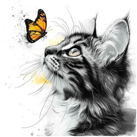 Butterfly On Cats Nose Drawing, Cat And Butterfly Painting, Cat With Butterfly On Nose Drawing, Cat Butterfly Drawing, Cat With Butterfly On Nose, Cat Butterfly Tattoo, Butterfly Drawing Outline, Simple Cat Tattoo, Cat Face Drawing