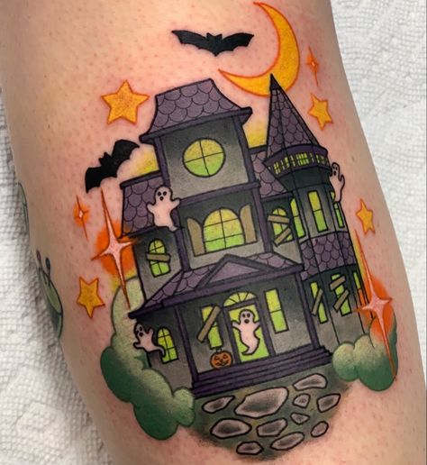 Spooky Cute Tattoo, Vintage Halloween Tattoos, Haunted House Tattoo, Bff Tats, Neat Tattoos, Sick Tattoos, Scene Tattoo, House Tattoo, Colorful Tattoos