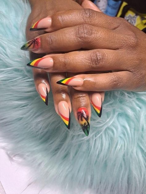 Nails For Jamaica Trip, African Nails Design, Jamaican Inspired Nails, Jamaica Inspired Nails, African Nail Art Design, Jamaica Nail Designs, Juneteenth Nail Design, Juneteenth Nails, Jamaica Nails