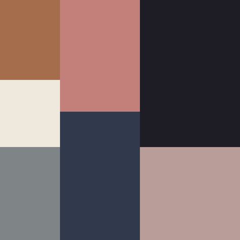 My wardrobe color palette: cognac brown, creamy whites, grey, rosey muted pinks, navy blue, black and pink-greys. Brown And Blue Living Room, Earthy Modern, Brown Living Room Decor, Modern Palette, Black Color Palette, Pink Color Schemes, Pink Living Room, Grey Color Palette, Color Palette Pink